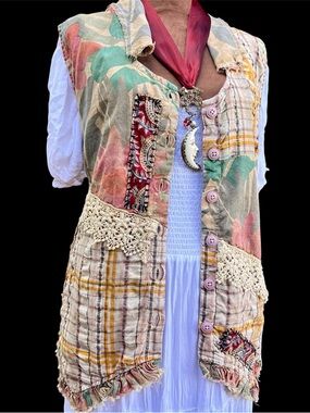 Falling Petals Boho Lace Plaid Vintage Inspired Vest